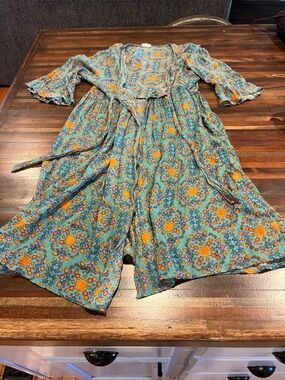Natural Life Front Tie-Waist Duster in Teal & Orange M/L
